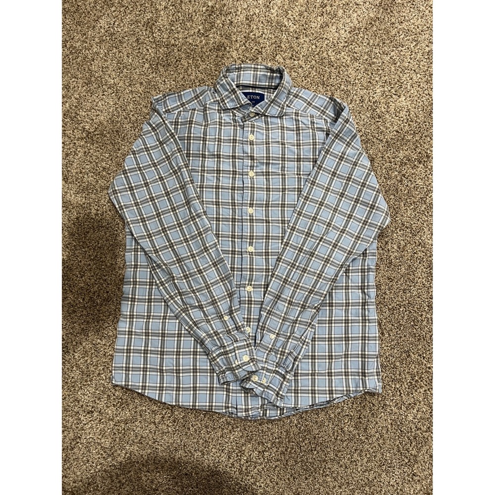 Eton Mens Slim Fit Plaid Button Down Shirt Blue Grey Cotton Lyocell Size 15.5 M